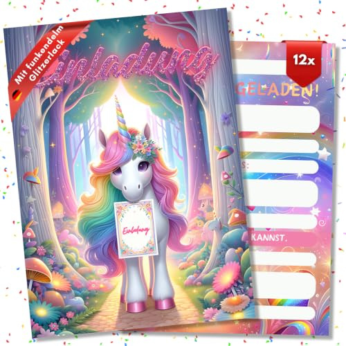 HIDEBLOOM GLITZER Einhorn Einladungskarten Kindergeburtstag Mädchen - 12 Stück - DIN A6 (10,5 cm x 14,8 cm) - Einladung Kindergeburtstag - Geburtstagseinladungen Mädchen Einhorn