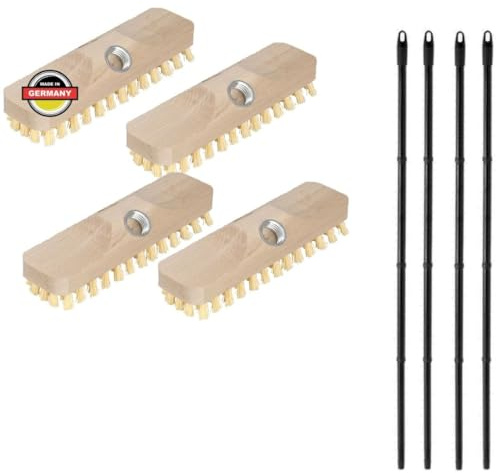Novaliv Lot de 4 brosses à récurer en bois avec poils PPN avec manches à visser pratiques en 4 parties avec filetage - Brosses à récurer robustes - Pour l'intérieur et l'extérieur