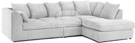 New Luxor Long Fabric Corner Sofa | Soft Jumbo Cord 4-5 Seater Corner Sofa Left hand or Right Hand (Silver, Right Hand Facing - Scatter Back)