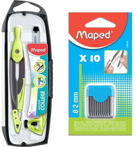 Maped - Compas Métal Open Mine - Coffret 3 pièces - avec Sécurité Protège Pointe Sèche et Mine & Étui Rigide de 10 Mines de Rechange 2 mm pour Recharge Compas Scolaire