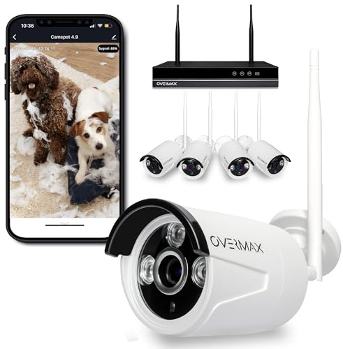 Overmax Camspot NVR Registratore e 4 Telecamere IP esterne per sorveglianza, Wi-Fi, Risoluzione Full HD 1080p, Notifiche di allarme rilevamento movimento nell'app, Gamma di visione notturna 25