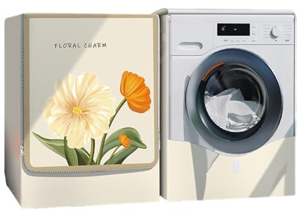 Odot Washer Dustproof Cover Front Load, Washing Machine Dryer Protector Waterproof Sunscreen Tumble Dryer Case Protective Cover for Most Front Loadi (beige flower,M (6-6.5kg))