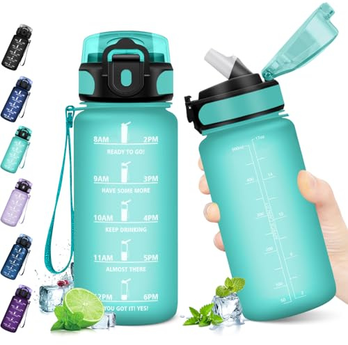 KollyKolla Borraccia 500ml, Bottiglia d'acqua Sportiva con Indicatore del Tempo Motivazionale, Borraccia con Cannuccia, 1 Clic Aperto, Borraccia Acqua per Scuola, Bici, Palestra