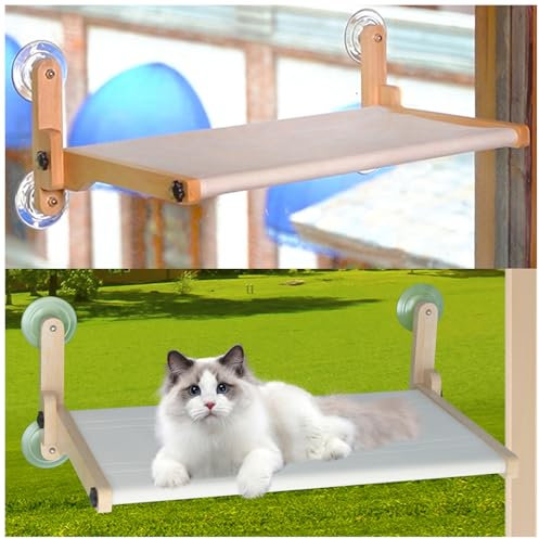 Foldable Cat Window Bed, Solidwood Cat Window Perch with Suction Cups, Heavy Duty Cordless Hammock Seat for Indoor Cats (Large Size)