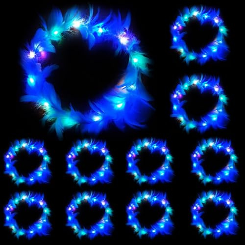 YOUYIKE LED Blumenkranz Haare, Haarreif, Haarkranz, Leucht Haarschmuck, Feder Stirnband für Damen und Kinder - Geburtstag, Weihnachten, Halloween, Fasching, Party Dekor (Blau)