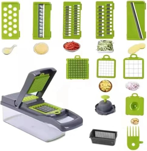 A.D. International, 16 in 1, manuale, da cucina, multifunzione, per patate, verdure, affettatrice per cipolle e verdure (accessorio essenziale per la cucina)
