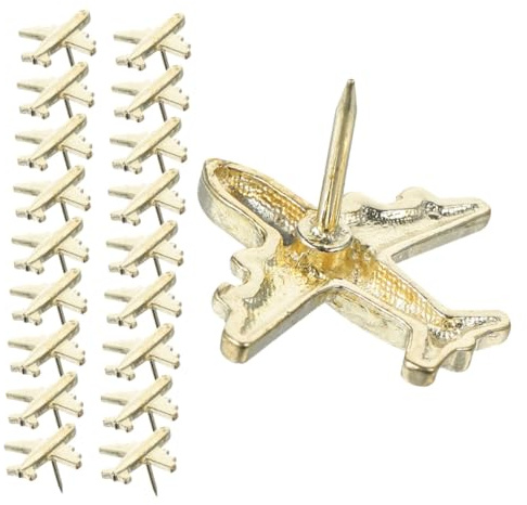 Flugzeugförmige Metall Reißnägel 30 Stück für Pinnwand und Fotos | Sicheres Design, Dekorativ und Markieren von Orten, im Karton, Goldfarben