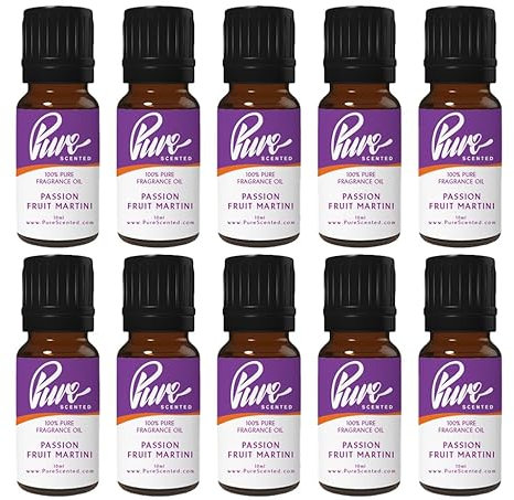 Pure Scented 100ml Fragrance Oils - 10 x 10ml Suitable for Candles, Soaps, Slime, Diffusers, Cosmetics, Wax Melts, Designer (10 x 10ml, Passion Fruit Martini)