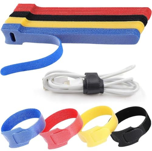 FENQURO 100 Piezas bridas reutilizables de Bridas Reutilizables para Cables, Ajustables de Nylon con Gancho y Bucle, Organizador de Cables para Oficina, Hogar, Jardín y Más, 5 Colores Mezclados