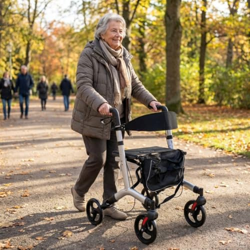 abc HOME Alu Rollator Leichtgewicht 7,3 kg – Klappbarer Reiserollator bis 130 kg – Gehhilfe mit Ankipphilfe, Sitz & Tasche – Höhenverstellbar & Silber/Schwarz