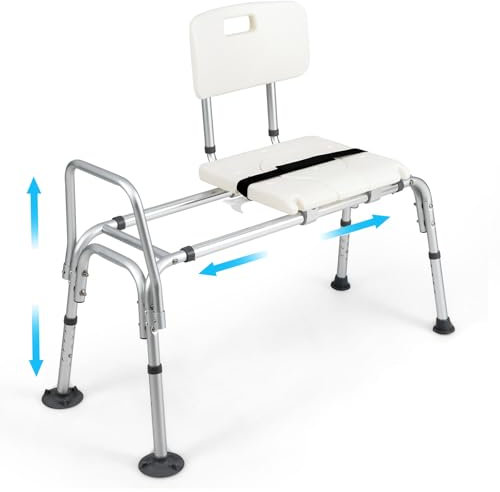 COSTWAY Sliding Tub Transfer Bench, 9-Level Height Adjustable Shower Chair with Cut-Out Seat, Armrest and Safety Belt, Reversible Non-Slip Bath Stool Inside Shower Bathtub Seat for Elderly Disabled