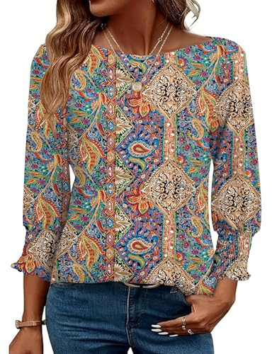EFFAN Damblus 3/4 ärm ubåt urringning bohemisk tunika toppar eleganta, boho färgglad, XL