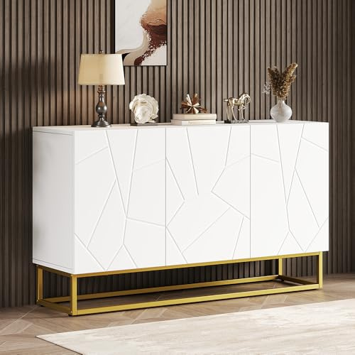 PUGSDRLY Living Room Sideboard, Bedroom Storage Cabinet with 3 Doors, White Storage Cabinet with Gold Support Legs