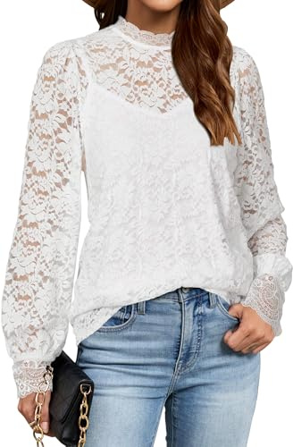 LAISHEN Bluse Damen Langarm Lace Oberteile Elegant Casual Dressy Mock Neck Weiß Langarmshirt mit Cami 2 Piecess Set OutfitLarge