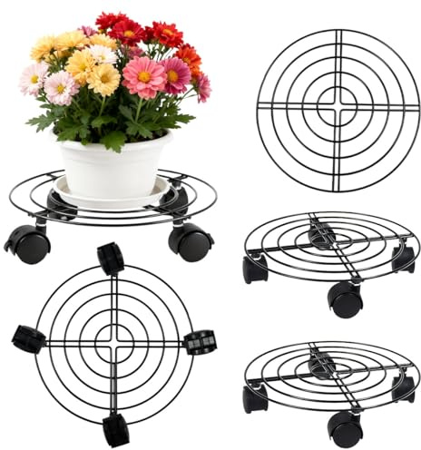 Zuxbolf 3 Pièce Porte Plante a roulettes, Support Pot de Fleur Roulette Ronds en Métal, Diamètre 27 cm Plateaux Roulants pour Plantes 360°Capacité de Charge 30 kg pour Intérieur et Extérieur, Noir