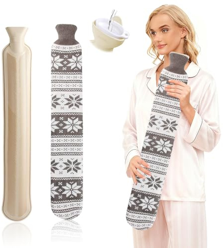 Shyllin 2L Bottiglia Gommata Extra Lunga, 72cm,Borsa Acqua Calda Lunga,Borsa Acqua Calda con Maglieria Copri,per Dolori a Spalle e Collo,Impacco Caldo per Vita e Mestruazioni (Fiocchi di neve grigi)