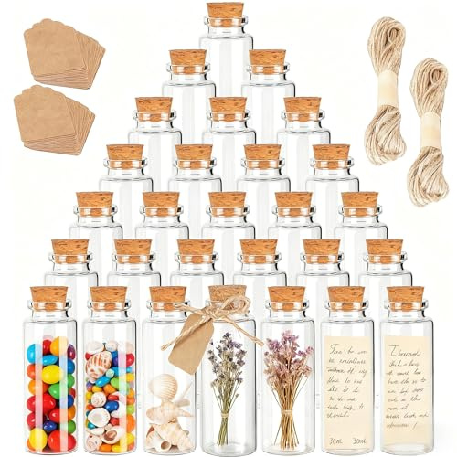 1ZIZIFA8 Mini Glass Jars, 30 Pcs 40 ml Small Sample Jars with Cork Lids, Tags & Twine,Glass Vials for DIY Carft, Wedding Favors, DIY Message