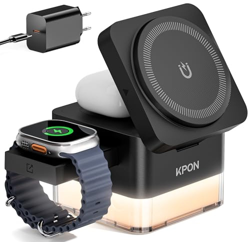 KPON Ladestation Apple Watch und iPhone für Magsafe, 3-in-1 Cube Induktive Ladestation mit Magsafe Ladegerät, Kompatibel mit iPhone 17 16 15 14 13 12 Air/Pro Max,für Apple Watch 11/10/9 (schwarz)