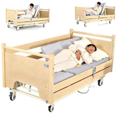Juodkeo Voll elektrisches Pflegebett aus Vollholz, für den häuslichen Bereich, verstellbaren Seitenleisten, Speisetablett, Infusionsstange, Toilettenschale, arretierbaren Rollen