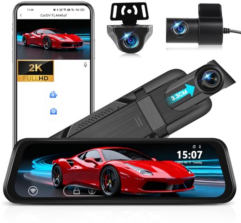 CAMECHO 2K Rétroviseur 9,66 Pouces Miroir Dash CAM Voiture avec 2 Caméras 1080P, Avant 150° et Arrière Dashcam 120° avec Ligne Inversée, Vision Nocturne, Capteur G, contrôle WiFi APP