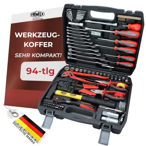 FAMEX 144-50 Werkzeugkoffer gefüllt bestückt mit hochwertigem Werkzeug Set - mit Steckschlüsselsatz, alle Schraubwerkzeuge Chrom-Vanadium, kompakt, ideal als Bordkoffer für Kfz Wohnmobil Camper