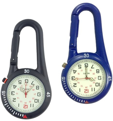 Calenxy 2 Stück wasserdichte Karabineruhr mit Karabiner Befestigung Taschen-Taschenuhr, leuchtendes Gesicht FOB-Uhr Clip-On Uhr Sanitäter Uhr Edelstahl FOB Sanitäter für Radfahrer Kletterer Rucksack
