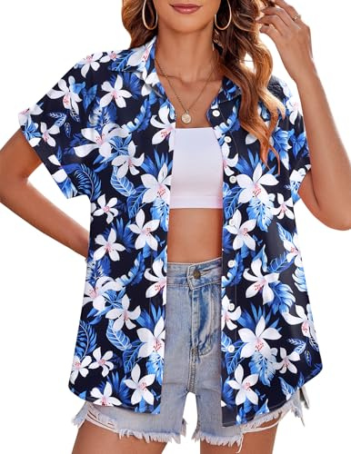 Zeagoo Chemise Hawaïenne Femme Manches Courtes Blouse Boutonnée Chemisier Été Encolure en V Chemise Hawaïenne Imprimé Floral Tropical Shirt Casual Hauts
