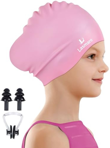 Kids Long Hair Swim Cap for Girls Boys, 2 Size Silicone Swimming Cap for Age 3-15 Toddler Children Teens, Waterproof Swim Hats Bathing Caps with Ear Plugs & Nose Clip to Keep Hair Dry(Age 8-15/Pink)