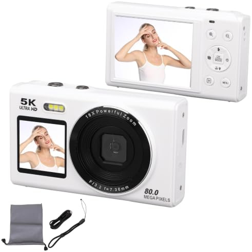 BuyWeek Cámara Digital Fotográfica 5K 80MP con WiFi, Zoom Digital 18X Autoenfoque Cámara HD Vlogging con Pantalla Dual de 2,8 Pulgadas y 1,5 Pulgadas, Flash Integrado, con Tarjeta de (Blanca)