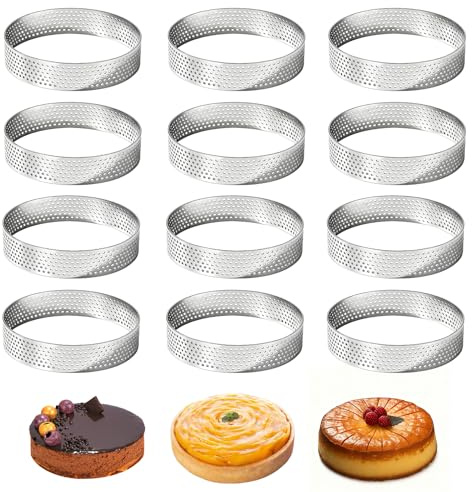 Tarqite 12 Stück Mousse Tartelette Förmchen, 8cm Dessertringe mit Löchern, Edelstahl Tortenring Klein, Runde Torten Ringe für Mousse Quiche Muffins Torten