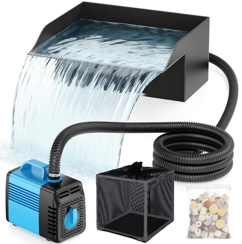 Teichwasserfall-Auslaufset, 30cm Teichwasserfall-Filter mit 2500l/h Wasserfallpumpe & Filterkäfig, 3m gewellter Schlauch für Außengartenteiche und Hinterhof-Wasserspiele