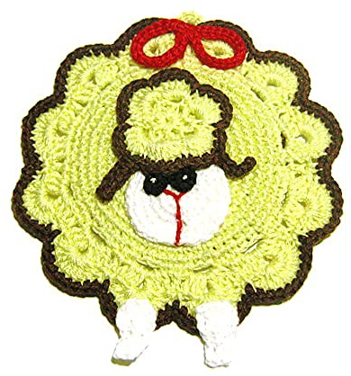 Presina Pecora Gialla e Marrone ad Uncinetto 14x16 cm, in Cotone, Protezione Calore Cucina, Idea Regalo Mamma e Nonna (2PRS)
