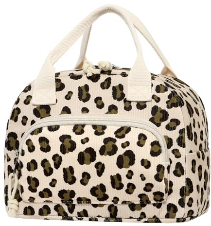 BuyCard Bolsa térmica para almuerzo para adultos, gran capacidad, a prueba de fugas, de pana, para la oficina, la escuela, el picnic, fiambrera térmica, bolsa térmica. (Estampado de leopardo negro)