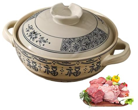 Olla de cerámica resistente al calor con tapa, estofado lento y terrina de sopa, diseño duradero de patrón de flores