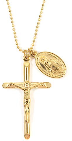 Happiness Boutique Damas Collar de Cruz y Moneda en Color Oro | Collar de Cadena Abalorios y Colgante de Medallón Virgen María