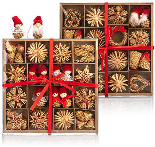 COM-FOUR® 112-piece straw star set - stars, bells, fir trees, and traditional figures as Christmas tree decorations - small straw pendants - natural Christmas tree hangings