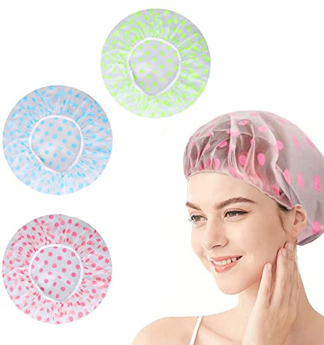 3 Pack Shower Caps for Women, Waterproof Shower Caps Reusable Shower Hats Elastic Hair Bath Caps for Ladies Spa Salon