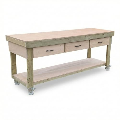 Arbor Garden Solutions Mobile V.1 Workbench, Eucalyptus Hardwood Plywood Top – Heavy Duty Garage Station with Drawers, Shelf & Wheels (8ft Length)