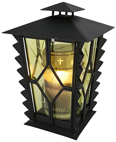 Grablaterne, Grableuchte aus Stahl mit gelben Scheiben inkl. LED Grablicht 21 cm (Schwarz)