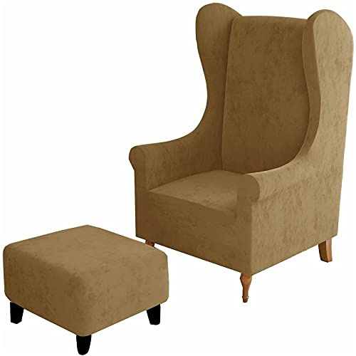 BXFUL Ohrensesselbezüge und Ottomane Abdeckung Bezug, Ohrensessel Schonbezug Hocker Bezug Rechteck/Square Samt Stretch 2 Stück (Wing Chair & Ottoman S,Kamel)
