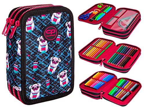 COOLPACK 3-FACH Mäppchen Federmappe Federtasche XXL Federtasche Federmappe Federmäppchen 44-teilig gefüllte Schüleretui 3-stöckig 19,5 x 12,5 x 6,5 cm Junge Mädchen (Dogs)