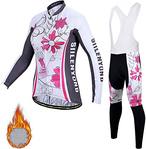 Femmes Maillot Cyclisme Manches Longues + Pantalons avec 3D Gel Rembourré Vêtements de Vélo Respirant Séchage Rapide Tenue Automne ​Hiver Thermique Polaire Cycliste pour Vélo VTT Sports,B4,M