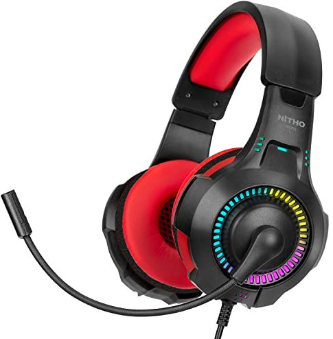 NITHO NX200 Cuffie Gaming Over-Ear – Microfono Ribaltabile, Effetto RGB, Audio Chiaro – Jack 3.5 mm – PC/PS4/PS5/Xbox/Smartphone/Tablet – Rosso