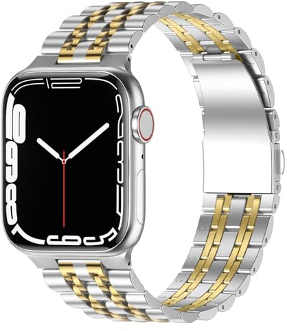 Anlinser Kompatibel med Apple Watch-armband 49 mm, 46 mm, 45 mm, 44 mm, 42 mm, metallarmband i rostfritt stål kompatibelt med iWatch Ultra Series 10, 9, 8, 7-1 SE (silverguld)