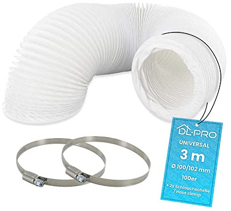 DL-pro 3m Abluftschlauch Ø100 mm (Innenmaß) – kompatibel mit Klimaanlage, Dunstabzug, Trockner – inkl. 2 Schlauchschellen – PVC Flexrohr weiß – NICHT für Ø102 mm Geräte