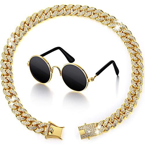 Xuniea 2 Pieces Cat Dog Chain Collar and Sunglasses Set Rhinestone Necklace with Secure Buckle Round Glasses for Doll Cat Dog Pet Accessories(16 Inch,Gold, Black)