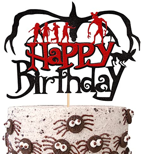 Xsstarmi 1 Pack Stranger Happy Birthday Cake Topper Glitter TV Program Stranger Inspired Party Cake Pick for Stranger Theme Children Boys Girls Birthday Party Cake Decorations Supplies