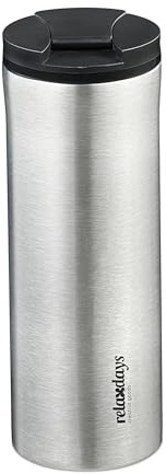 Relaxdays Vaso Térmico Café Acero Inox., 400 ml, Bebidas Calientes y Frías, Taza Hermética, sin BPA, Plateado y Negro