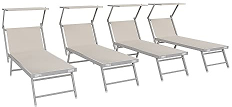Bricozone Set Da 4 Lettini Prendisole Professionale Pieghevole In Alluminio Tettino Parasole Tettuccio Orientabile Sdraio Lettino Prendi Sole 182 x 60 x 38 cm Mare Spiaggia Piscina Giardino (Beige)