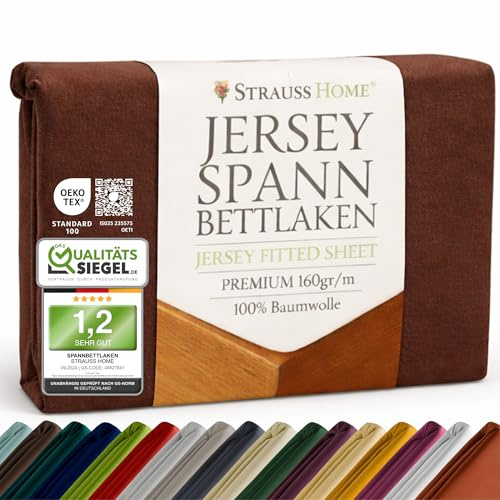 Strauss Home Premium Spannbettlaken Jersey 140x200-160x200 cm - 160 g/m² 100% gekämmte Baumwolle, 25 cm Steg, Oeko-TEX - für Standardmatratzen Doppelbett - Schokobraun